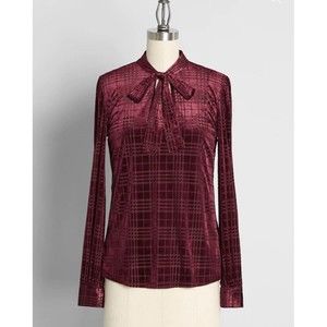 Mod Cloth Women’s Burgundy Velvet Tie-Neck Blouse Plaid Pattern Long Sleeve Sz S